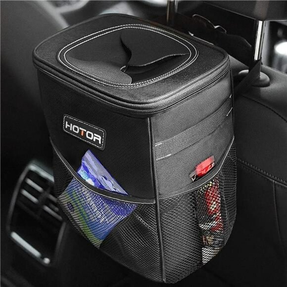 Waterproof Car Trash Can with Lid Leakproof Bin Storage Pockets Auto Organizer - Picture 1 of 7